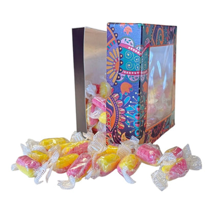 300g Square Window Paisley Pattern Box of Rhubarb & Custard Twists