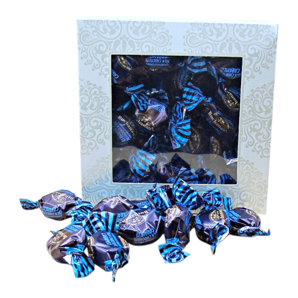 300g Square Window Ivory White Pattern Box of Buchanans Milk Chocolate Caramel Toffees