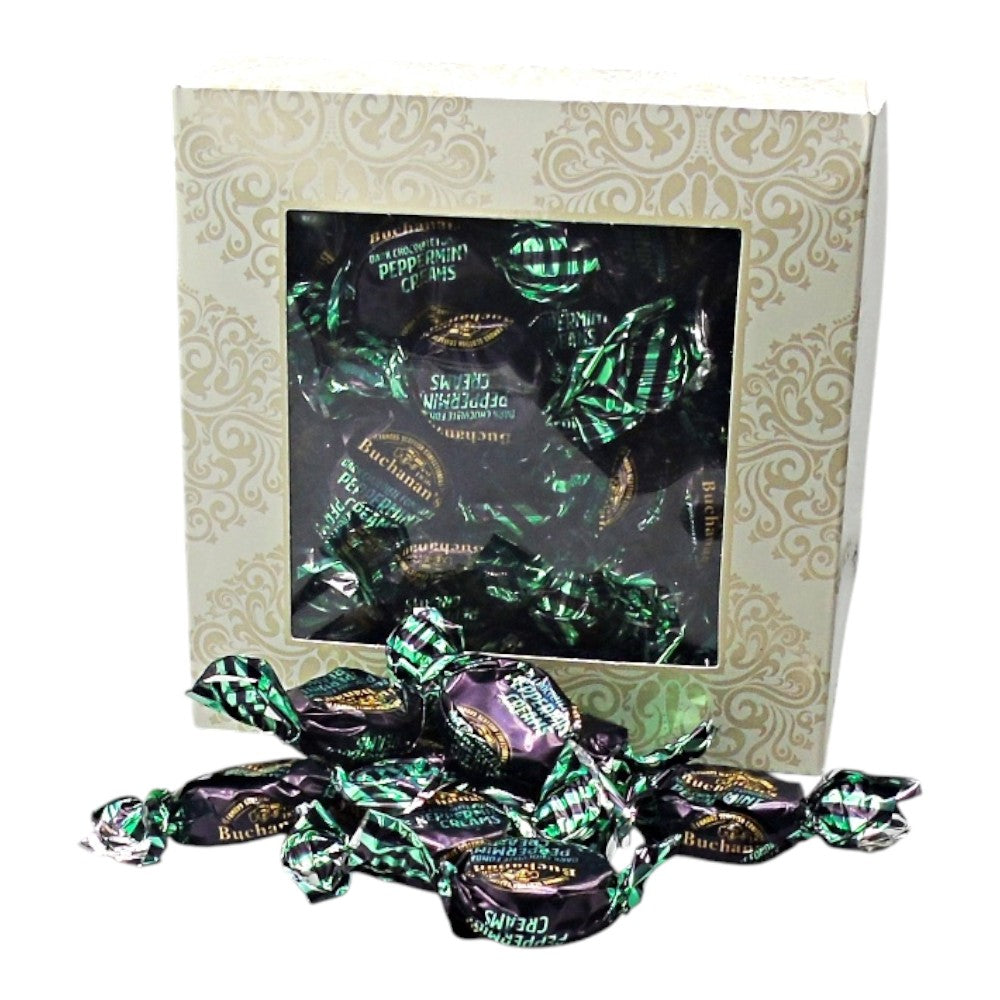 300g Square Window Ivory White Pattern Box of Buchanans Chocolate Peppermint Creams