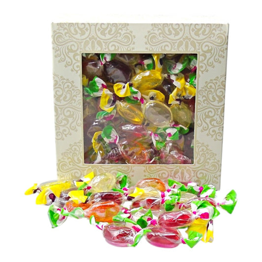 300g Square Window Ivory White Pattern Box of Hard Boiled Fruit Drop Sweet