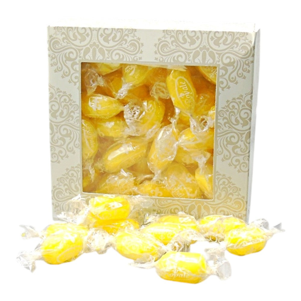 300g Square Window Ivory White Pattern Box of Sherbet Lemon Sweets