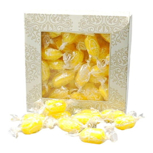 300g Square Window Ivory White Pattern Box of Sherbet Lemon Sweets