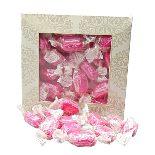 300g Square Window Ivory White Pattern Box of Strawberry Sherbets Sweets