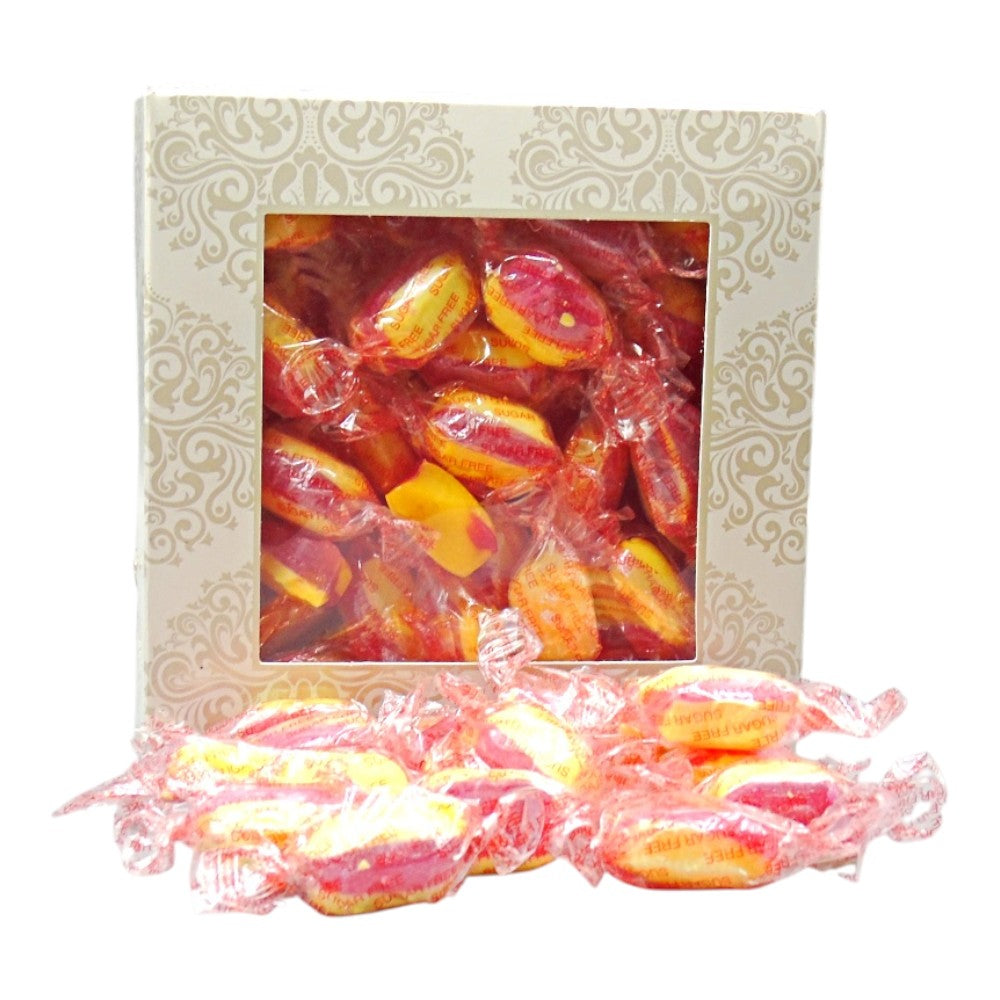 300g Square Window Pattern Box of Sugar Free Rhubarb and Custard