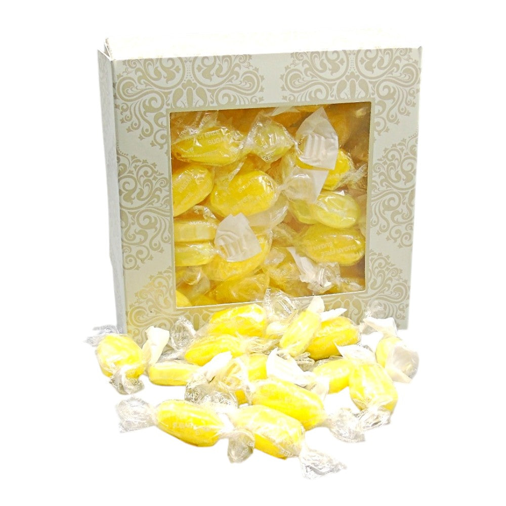 300g Square Window Ivory White Pattern Box of Sugar Free Sherbet Lemons