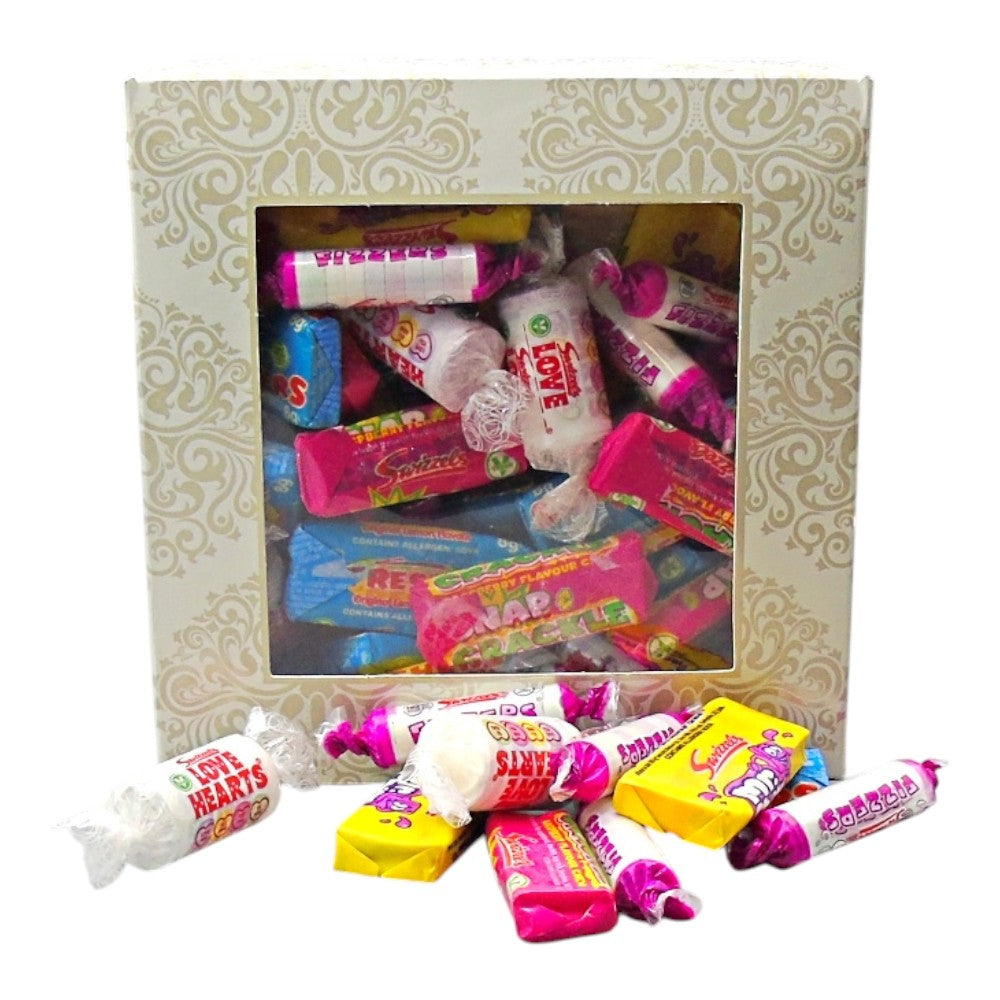 300g Square Window Ivory White Pattern Box of Swizzles Retro Sweet Mix