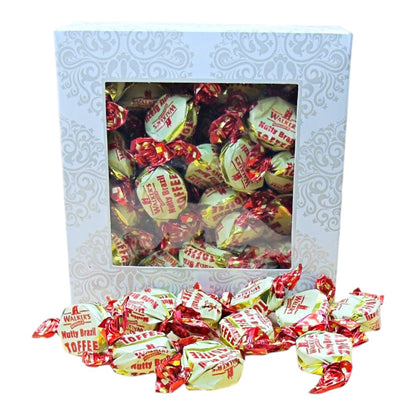 300g Square Window Ivory White Pattern Box of Walkers Nutty Brazil Toffee