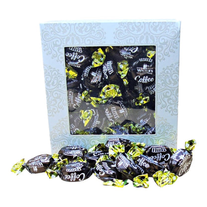 300g Square Window Ivory White Pattern Box of Walkers Coffee Toffee Sweets