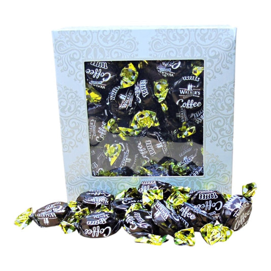 300g Square Window Ivory White Pattern Box of Walkers Coffee Toffee Sweets