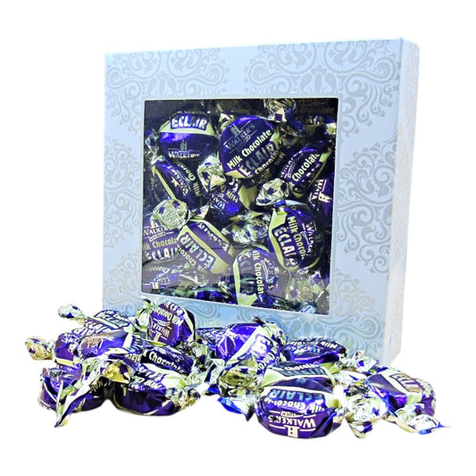 300g Square Window Ivory White Pattern Box of Walkers Milk Chocolate Eclairs