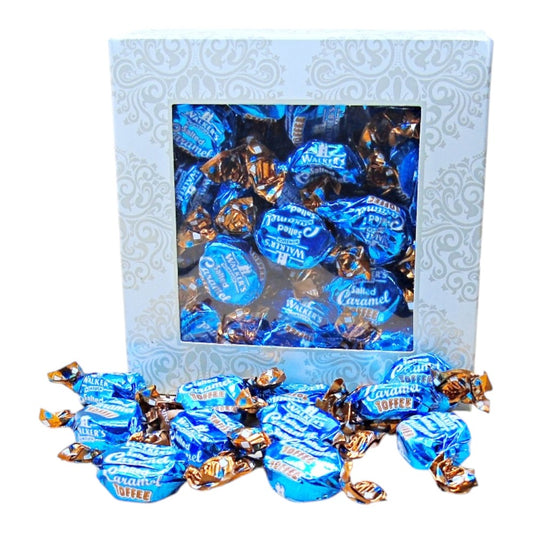 300g Square Window Ivory White Pattern Box of Walkers Salted Caramel Toffee