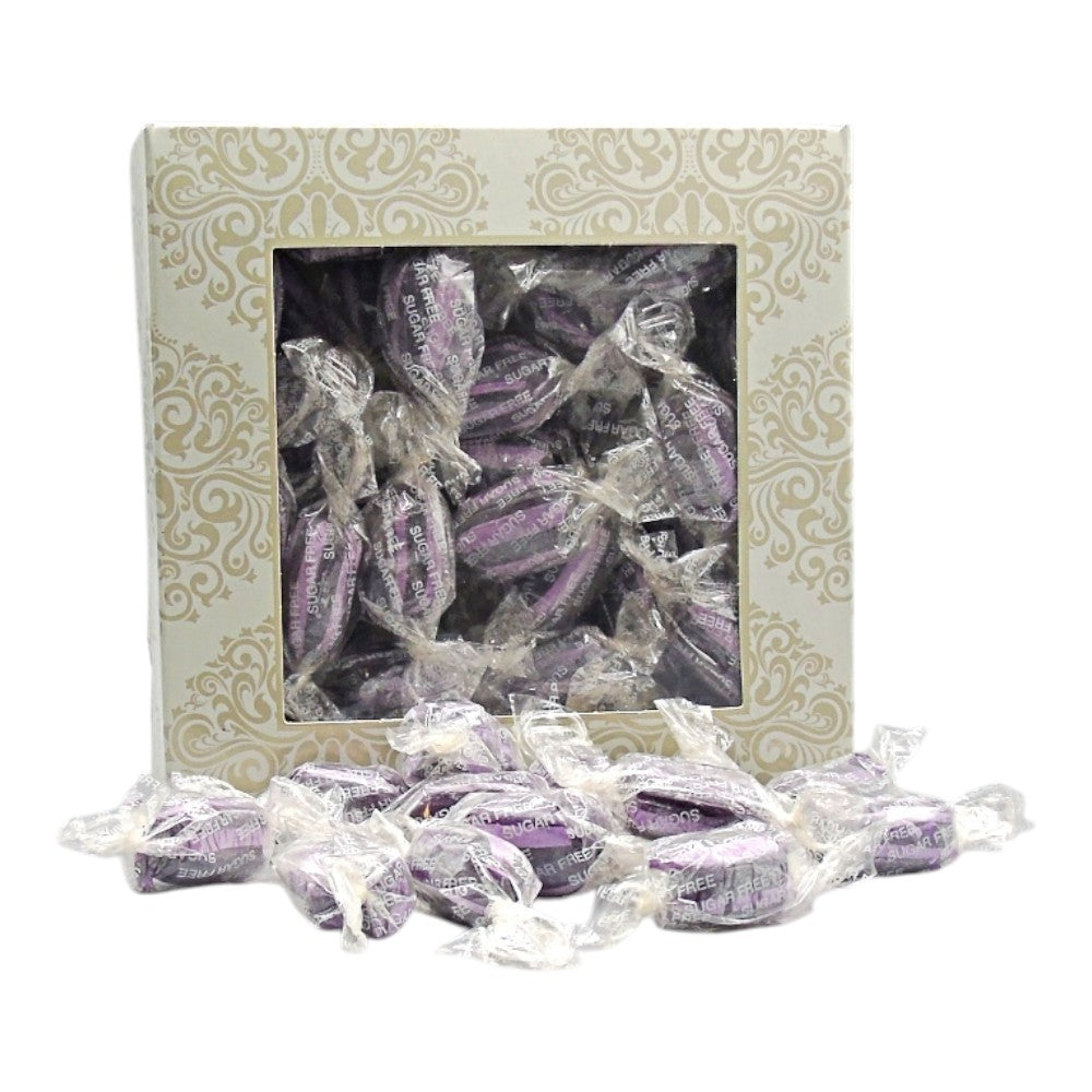 300g Square Window Ivory White Pattern Box of Sugar Free Blackcurrant and Liquorice