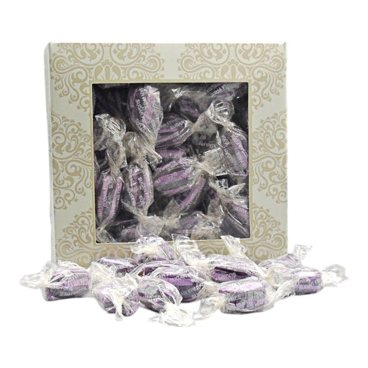 300g Square Window Ivory White Pattern Box of Sugar Free Blackcurrant and Liquorice