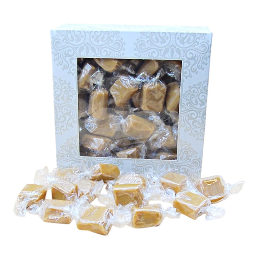 300g Square Window Ivory White Pattern Box of Bristows Salted Caramel Fudge