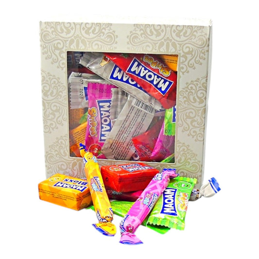 300g Square Window Ivory White Pattern Box of Maoam Joystix, Bloxs, Strips Fruit Chews Sweets