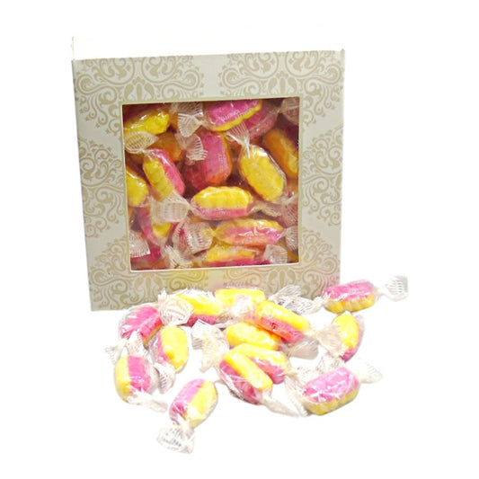 300g Square Window Ivory White Pattern Box of Rhubarb & Custard Twists