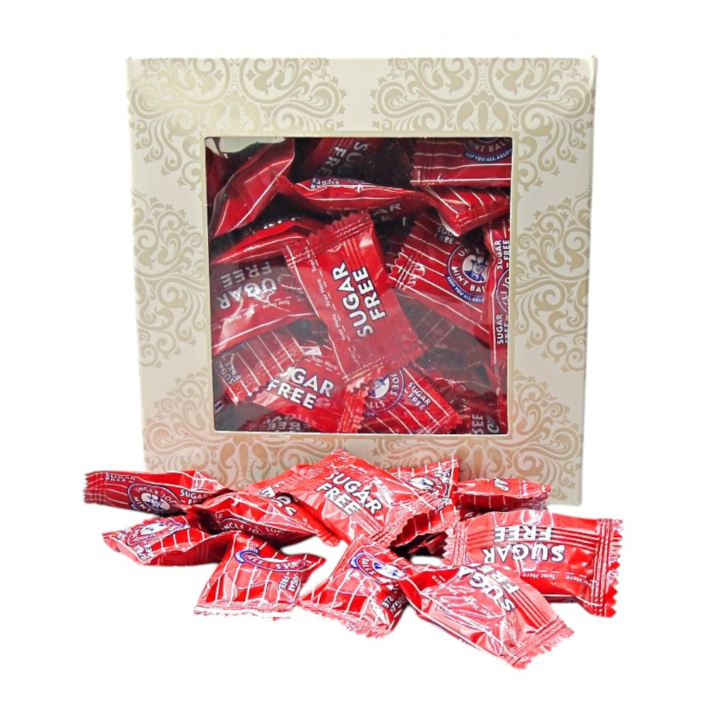 300g Square Window Ivory White Pattern Box of Uncle Joes Sugar Free Mints