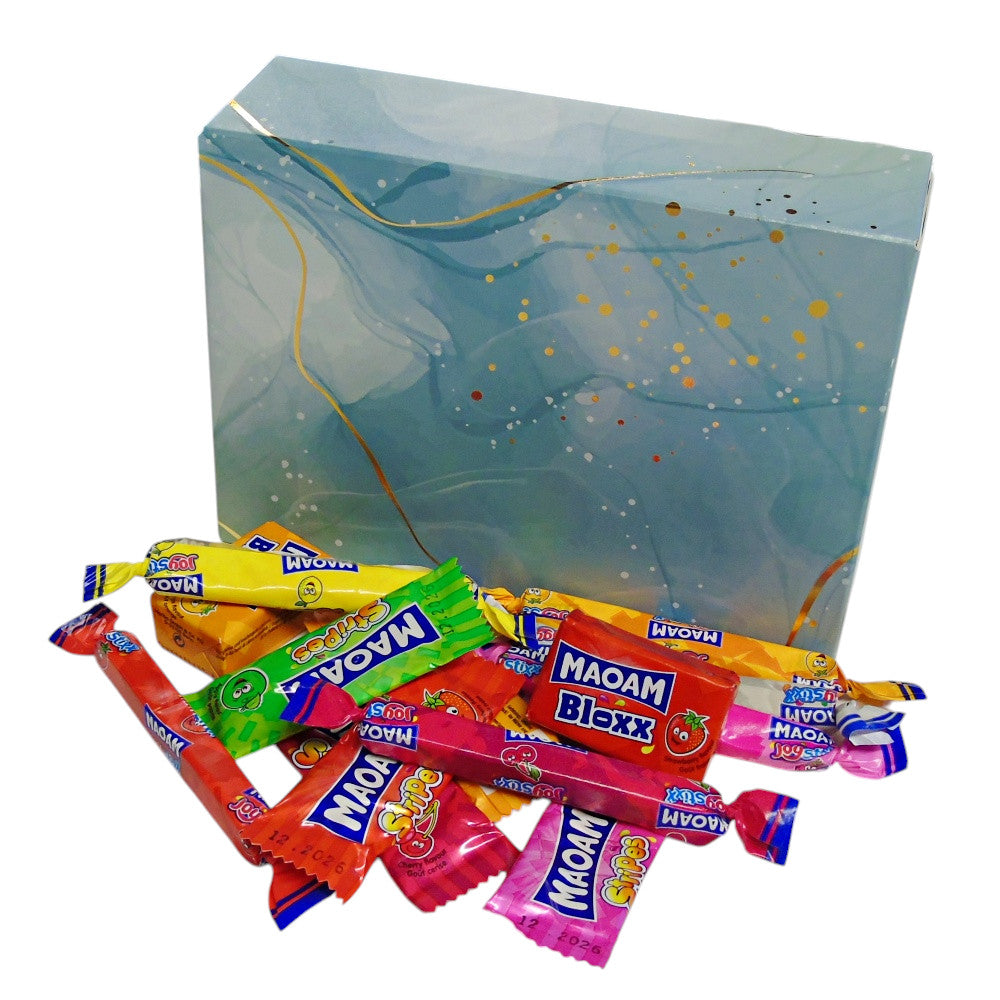 350g Rectangular Patterned Box of Maoam Joystix, Bloxs, Strips Fruit Chews Sweets