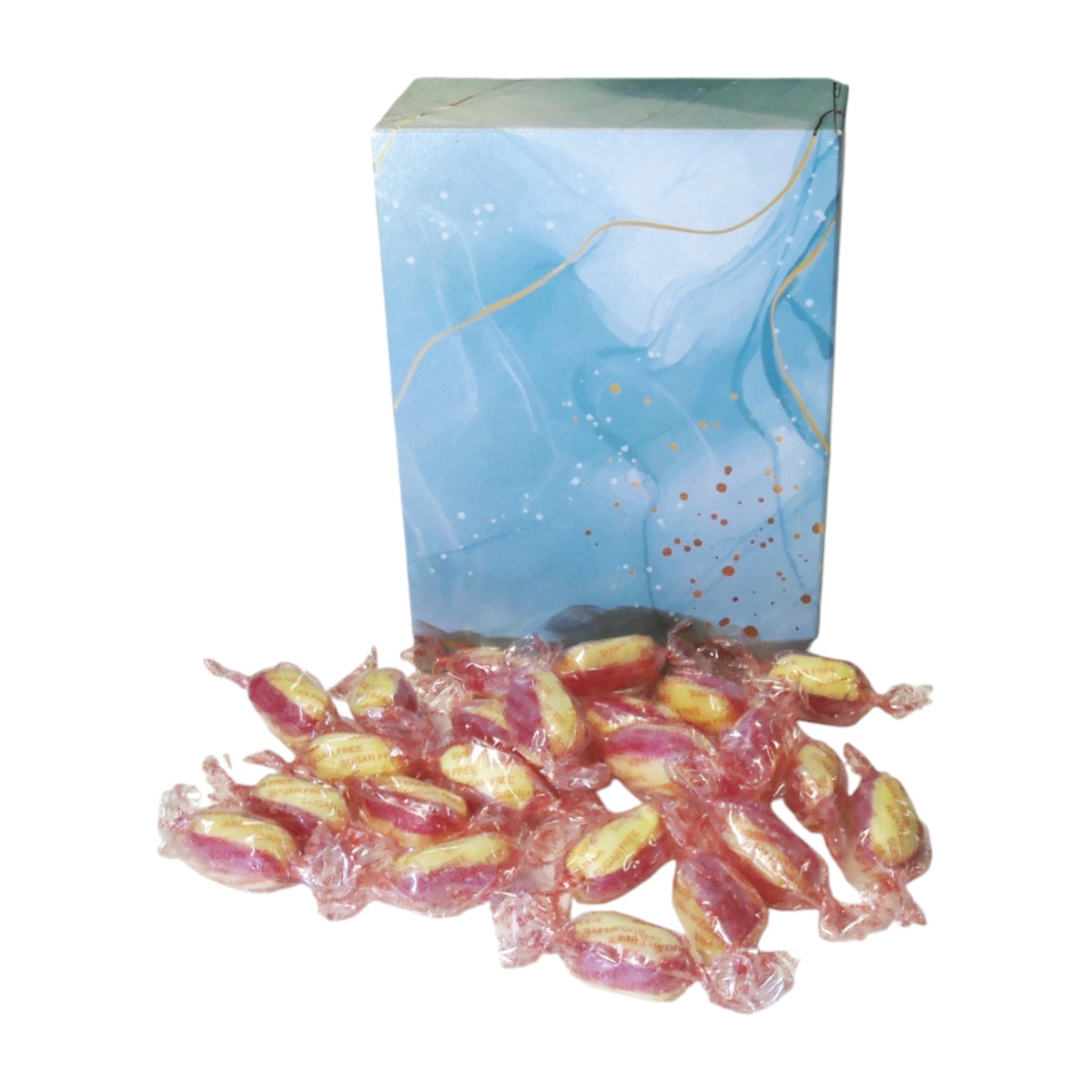 350g Rectangular Patterned Box of Sugar Free Rhubarb and Custard