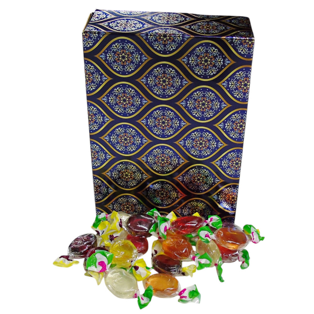 350g Rectangular Patterned Box of Hard Boiled Fruit Drop Sweet