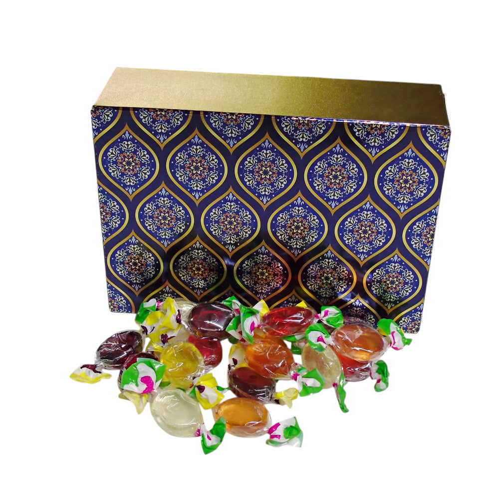 350g Rectangular Patterned Box of Hard Boiled Fruit Drop Sweet