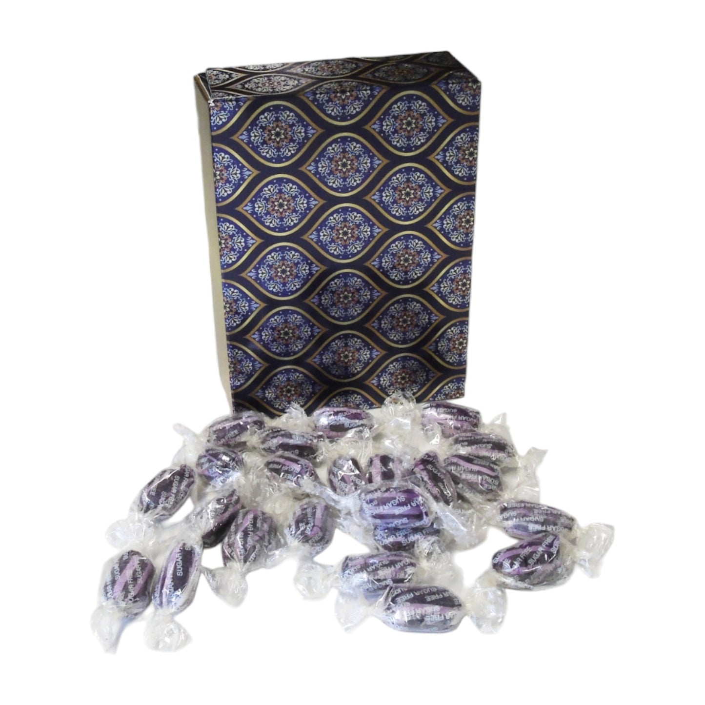 350g Rectangular Patterned Box of Sugar Free Blackcurrant and Liquorice