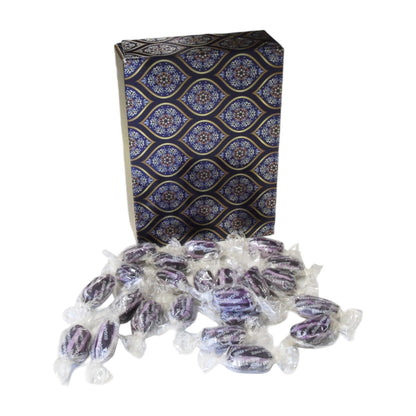 350g Rectangular Patterned Box of Sugar Free Blackcurrant and Liquorice