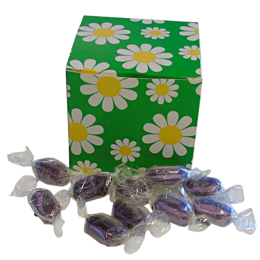 300g Square Flower Pattern Box of Sugar Free Blackcurrant and Liquorice