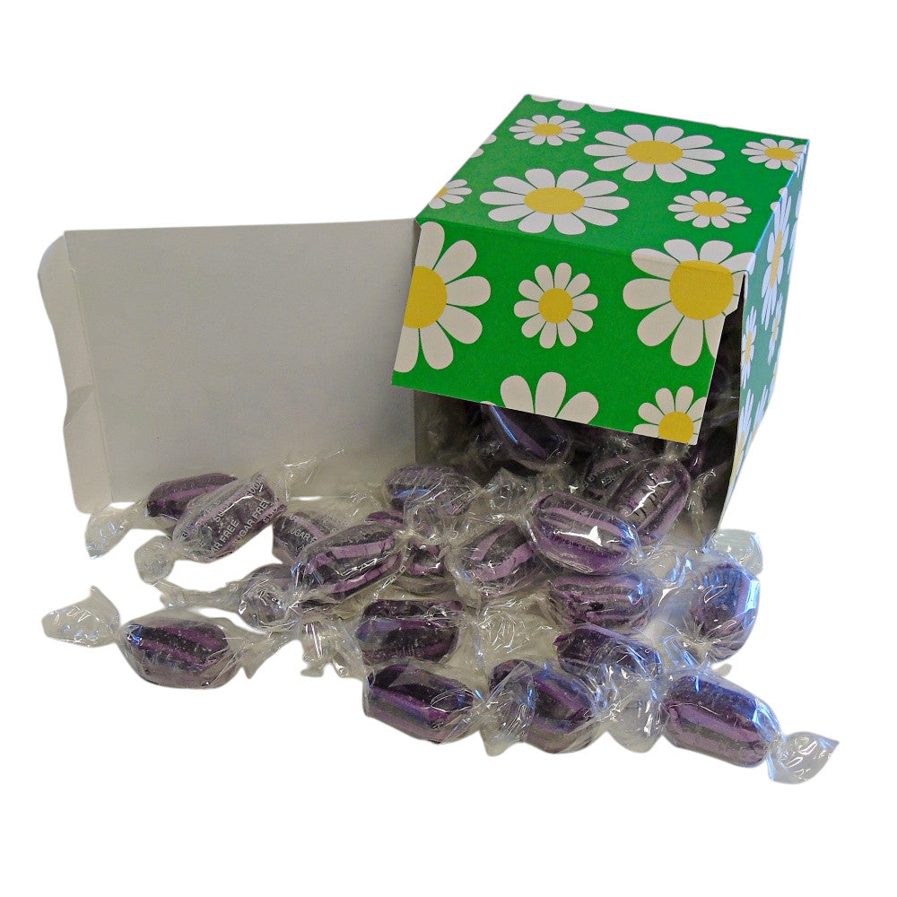 300g Square Flower Pattern Box of Sugar Free Blackcurrant and Liquorice