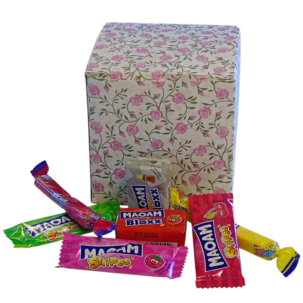 300g Square Flower Pattern Box of Maoam Joystix, Bloxs, Strips Fruit Chews Sweets