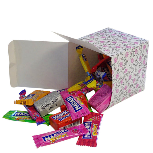 300g Square Flower Pattern Box of Maoam Joystix, Bloxs, Strips Fruit Chews Sweets