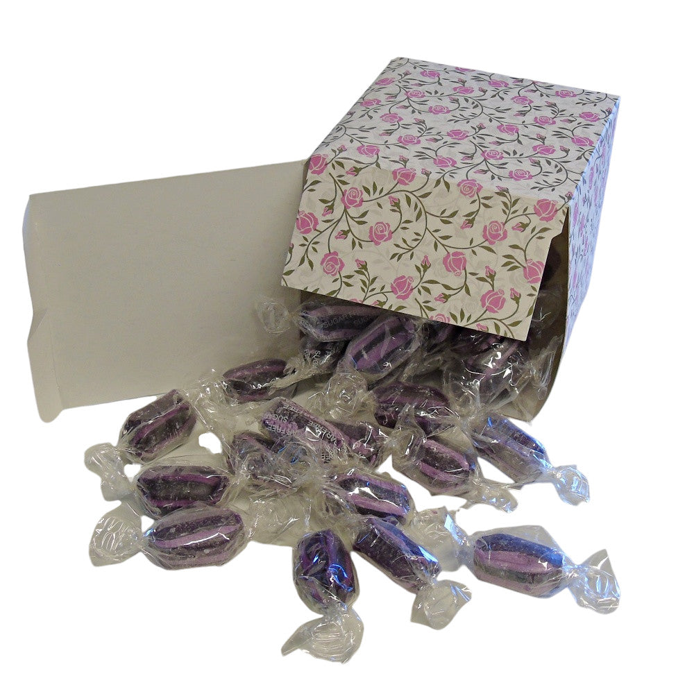 300g Square Flower Pattern Box of Sugar Free Blackcurrant and Liquorice