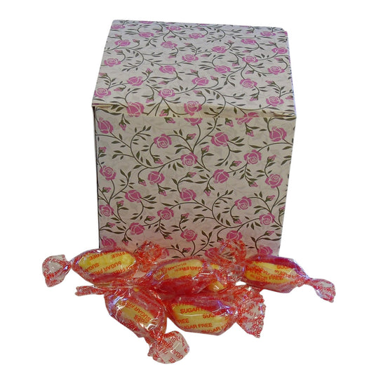 300g Square Flower Pattern Box of Sugar Free Rhubarb and Custard