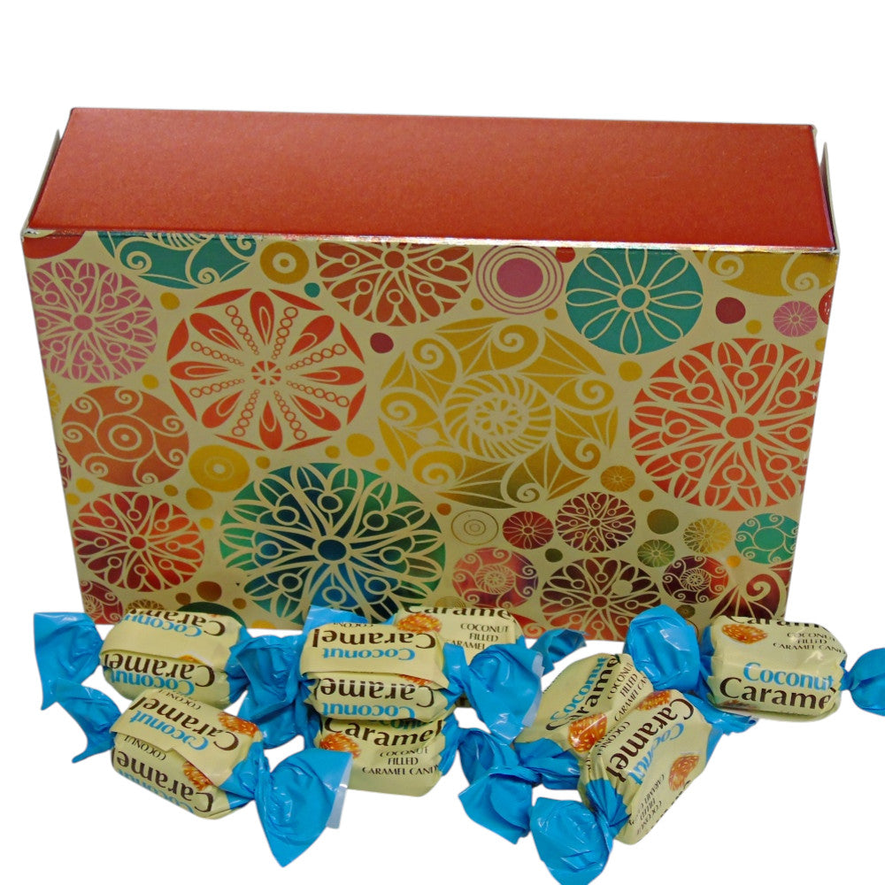 250g Rectangular Patterned Box of YUMMYs Coconut Caramel Chews