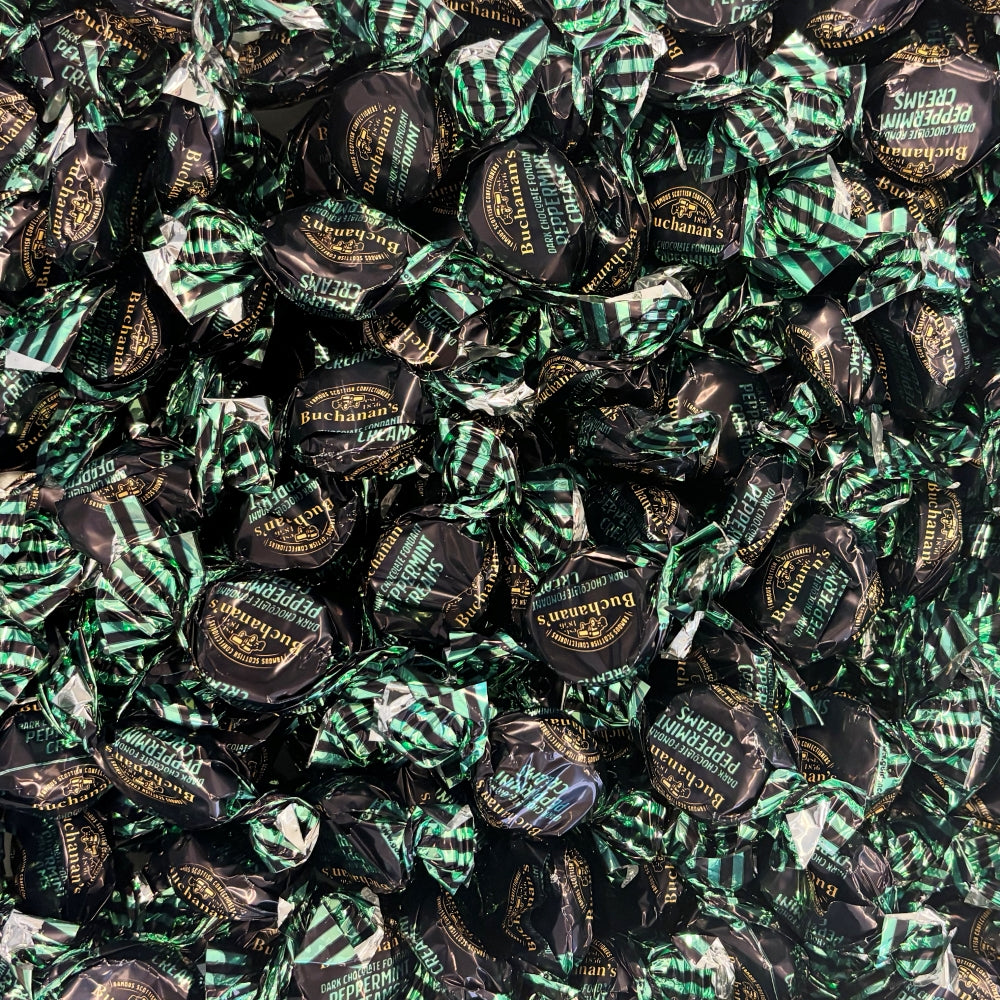 300g Square Window Ivory White Pattern Box of Buchanans Chocolate Peppermint Creams