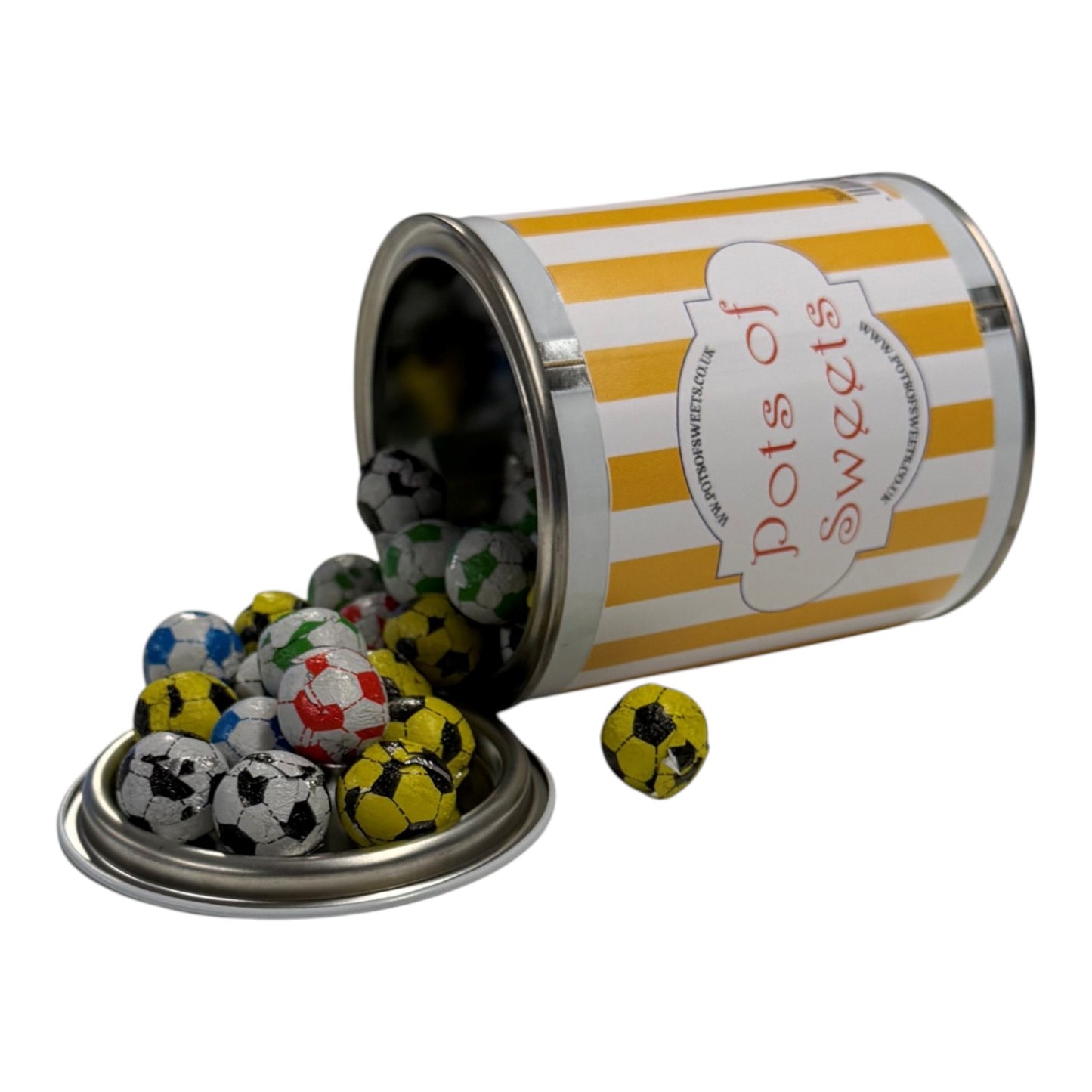 250g Paint Pot Tin of Individually Wrapped Chocolate Flavoured Footballs