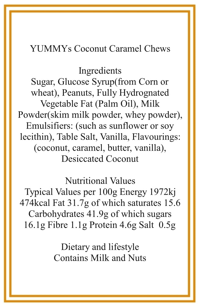 350g Rectangular Pattern of YUMMYs Coconut Caramel Chews