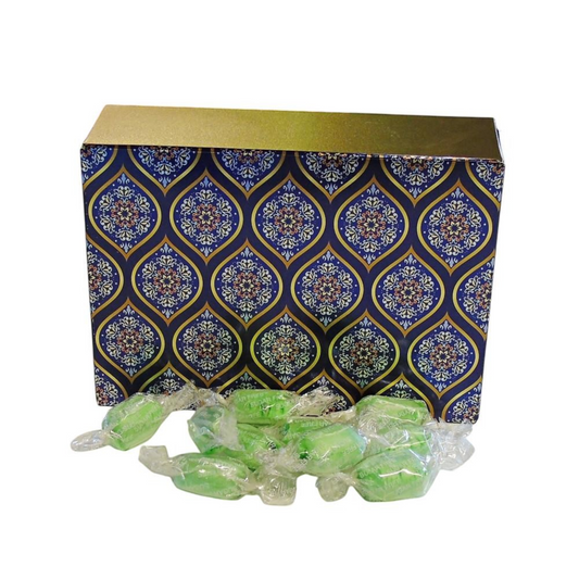 Pots of Sweets sugar-free chocolate lime sweets in a decorative rectangular box with a blue and gold paisley pattern.