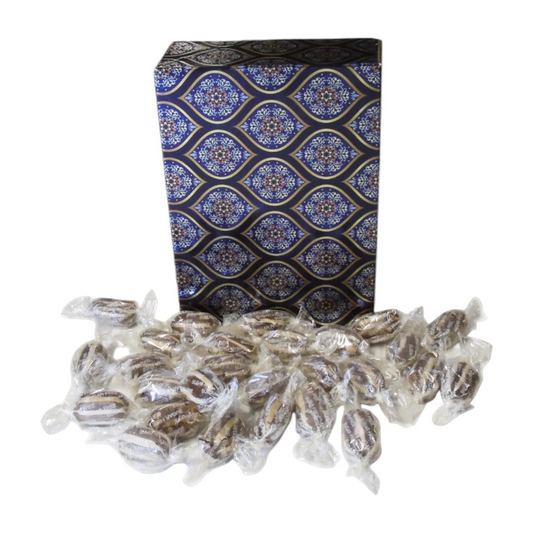Pots of Sweets sugar free mint humbugs in a decorative blue and gold paisley gift box with individually wrapped sweets
