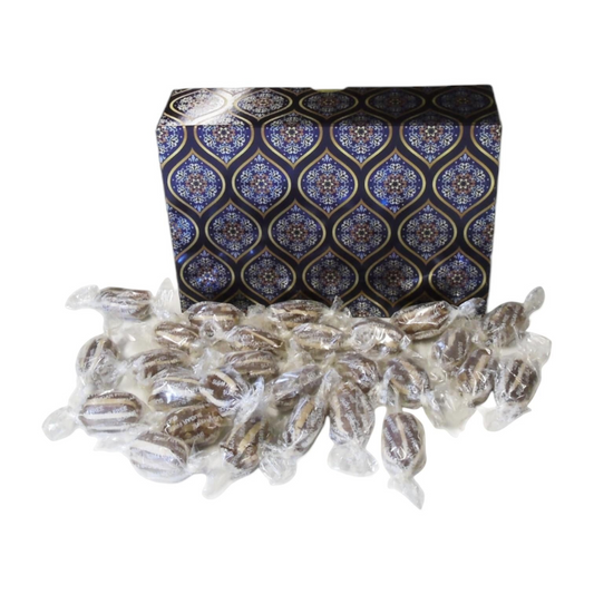 Pots of Sweets sugar-free mint humbugs in a decorative blue and gold paisley patterned rectangular gift box.
