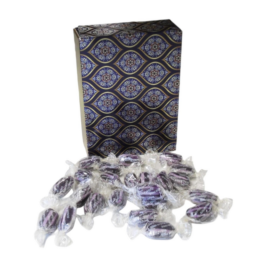 Pots of Sweets 350g rectangular box of sugar-free blackcurrant and liquorice sweets with individual clear wrappers.